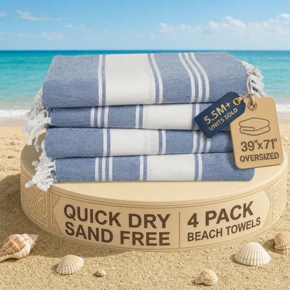 4 PIECE TURKISH BEACH TOWEL SET-FOREVER-BLUE
