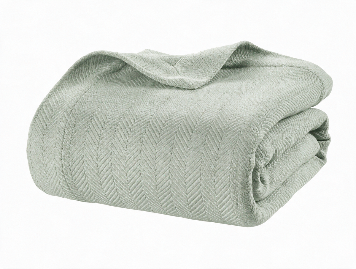 Lane Linen 100% Cotton Herringbone Blanket - Fog Green