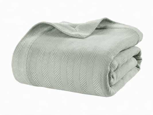 Lane Linen 100% Cotton Herringbone Blanket - Fog Green