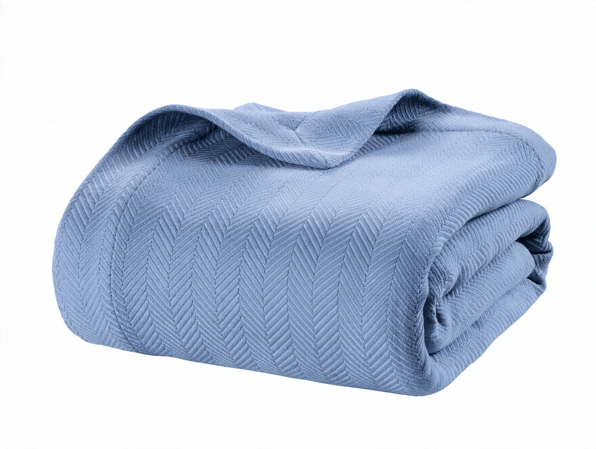 100% Cotton Herringbone Blanket - Light Blue