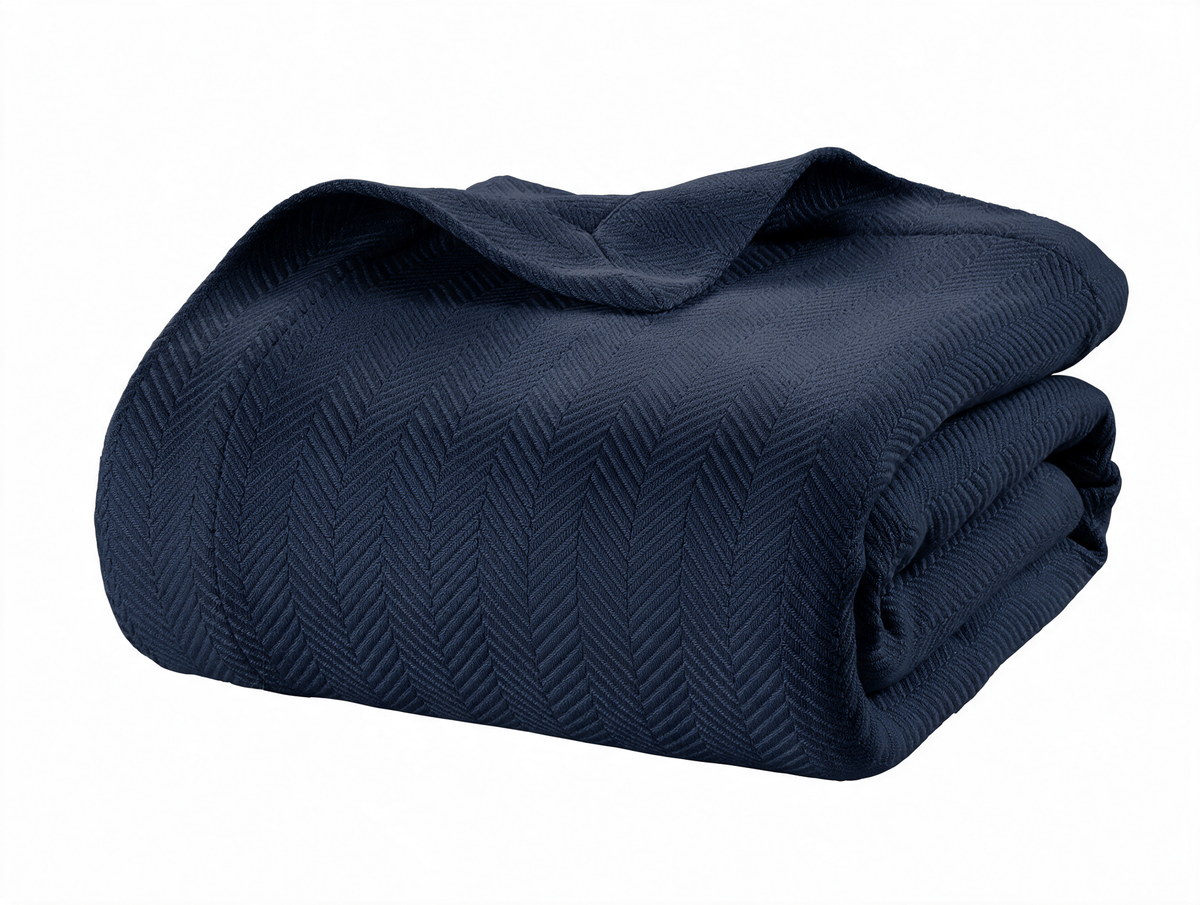 Lane Linen 100% Cotton Herringbone Blanket - Navy