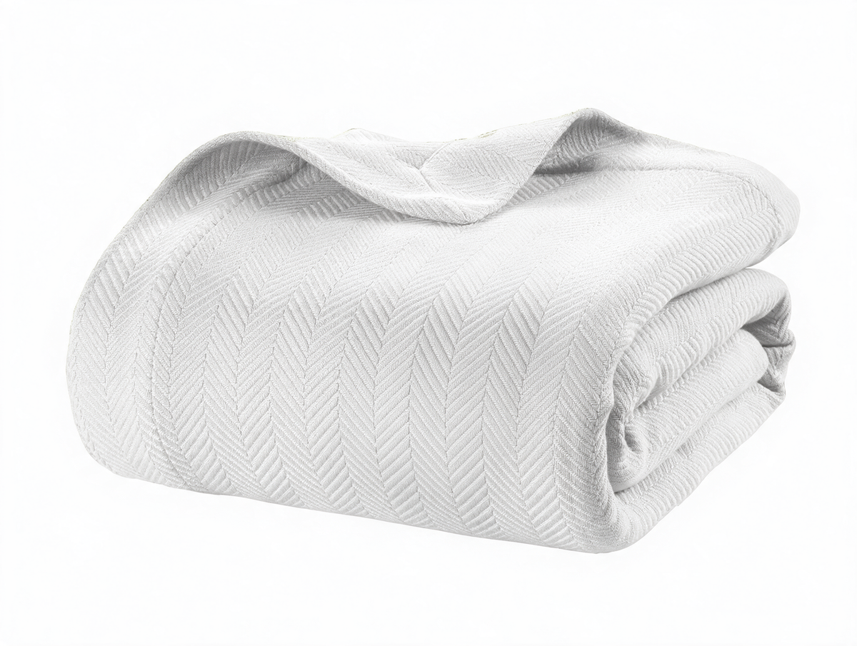 Lane Linen 100% Cotton Herringbone Blanket - White