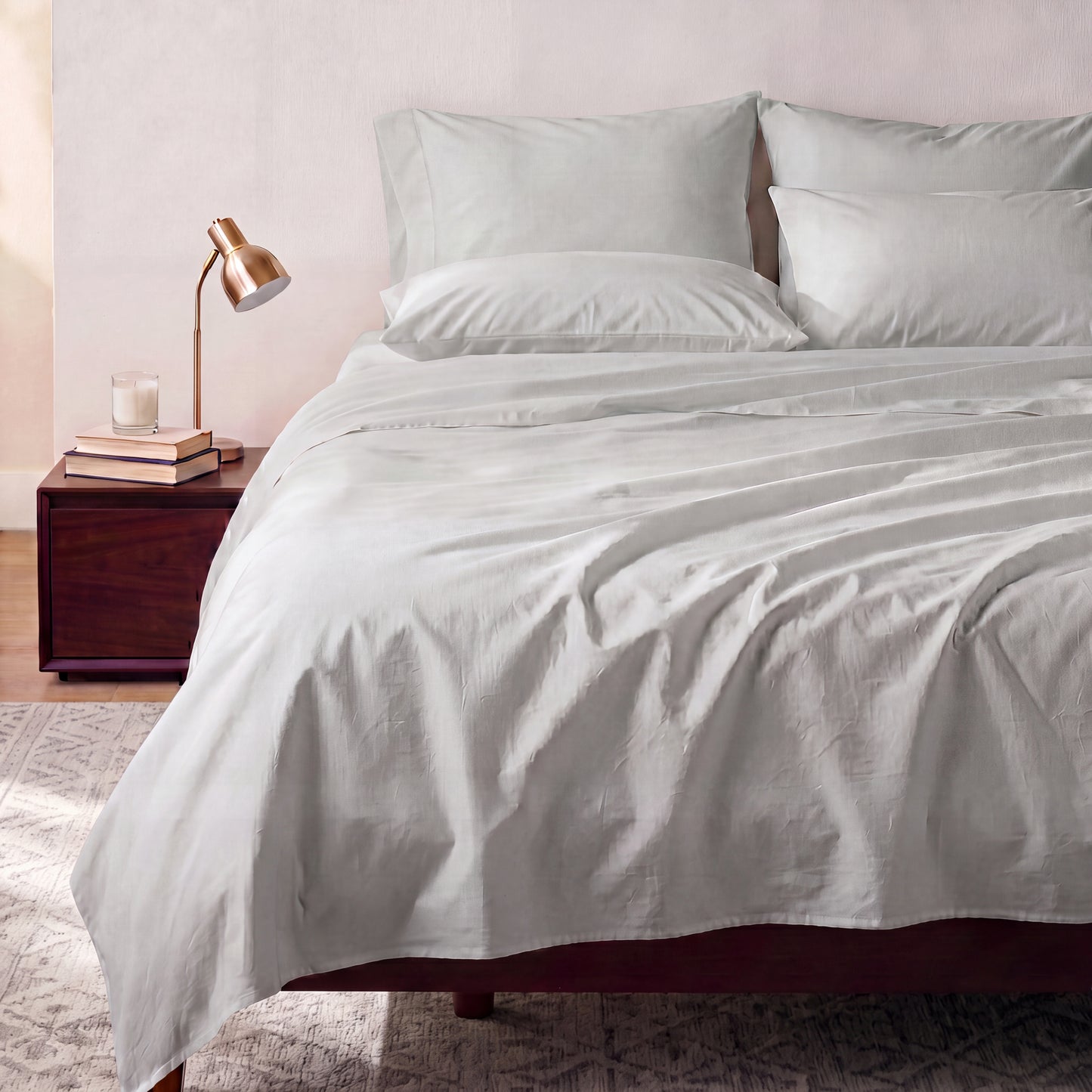Lane Linen Organic Cotton Sheet Set in Glacier Grey - styled on a bed