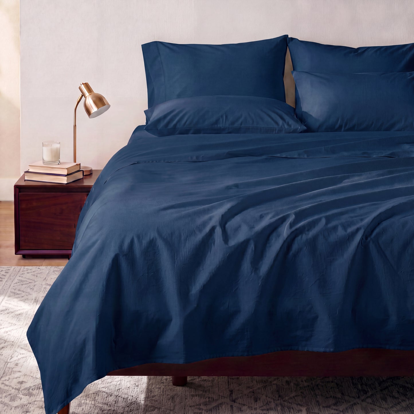 Lane Linen Organic Cotton Sheet Set in Navy - styled on a bed