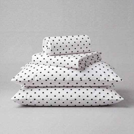 Lane Linen Organic Cotton Sheet Set in Polka Dot Black - 4 piece set (flat sheet, fitted sheet, 2 pillowcases)