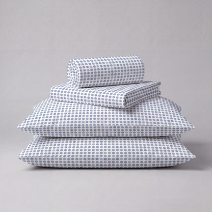 Lane Linen Organic Cotton Sheet Set in Polka Dot Blue - 4 piece set (flat sheet, fitted sheet, 2 pillowcases)