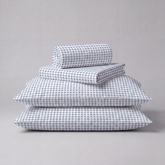 Lane Linen Organic Cotton Sheet Set in Polka Dot Blue - 4 piece set (flat sheet, fitted sheet, 2 pillowcases)