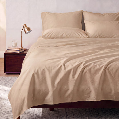 Lane Linen Organic Cotton Sheet Set in Taupe - styled on a bed