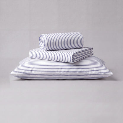 Lane Linen Organic Cotton Sheet Set in Ticking Stripe Cobalt Blue - 3 piece set (flat sheet, fitted sheet, 1 pillowcase)