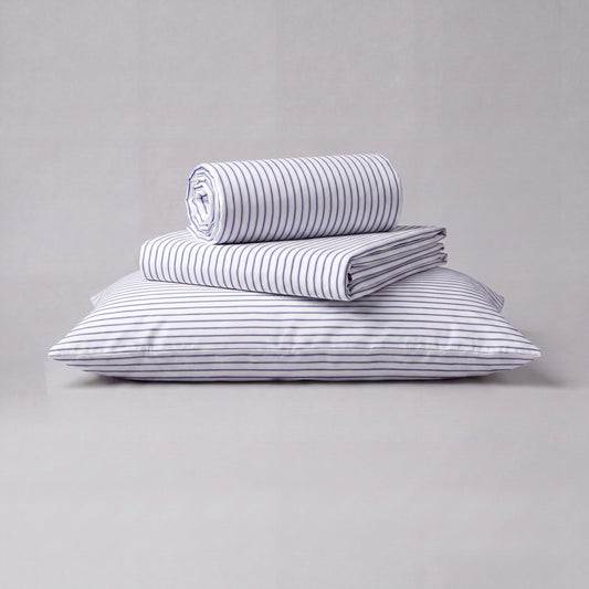 Lane Linen Organic Cotton Sheet Set in Ticking Stripe Cobalt Blue - 3 piece set (flat sheet, fitted sheet, 1 pillowcase)