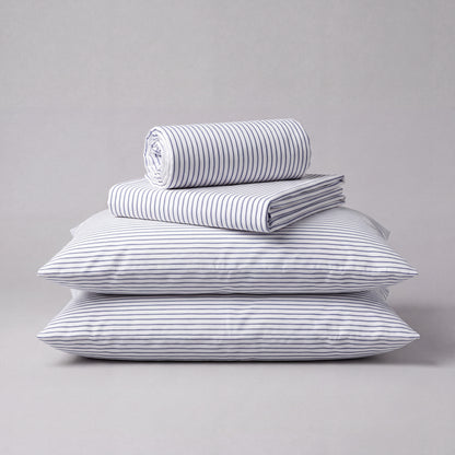 Lane Linen Organic Cotton Sheet Set in Ticking Stripe Cobalt Blue - 4 piece set (flat sheet, fitted sheet, 2 pillowcases)