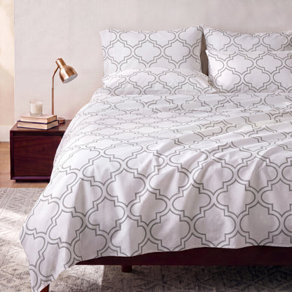 Lane Linen Organic Cotton Sheet Set in Trellis Silver - styled on a bed