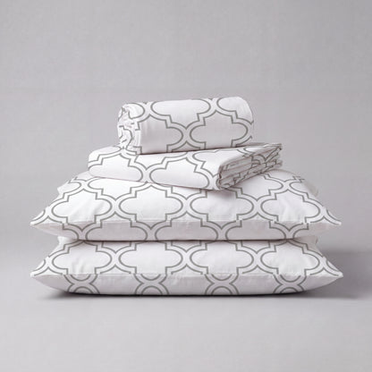 Lane Linen Organic Cotton Sheet Set in Trellis Silver - 4 piece set (flat sheet, fitted sheet, 2 pillowcases)