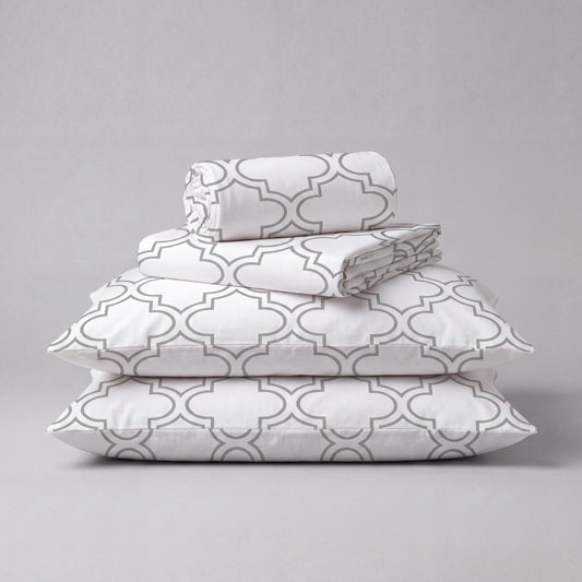 Lane Linen Organic Cotton Sheet Set in Trellis Silver - 4 piece set (flat sheet, fitted sheet, 2 pillowcases)