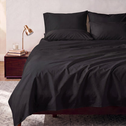 Lane Linen Organic Cotton Sheet Set in Black on a styled bed